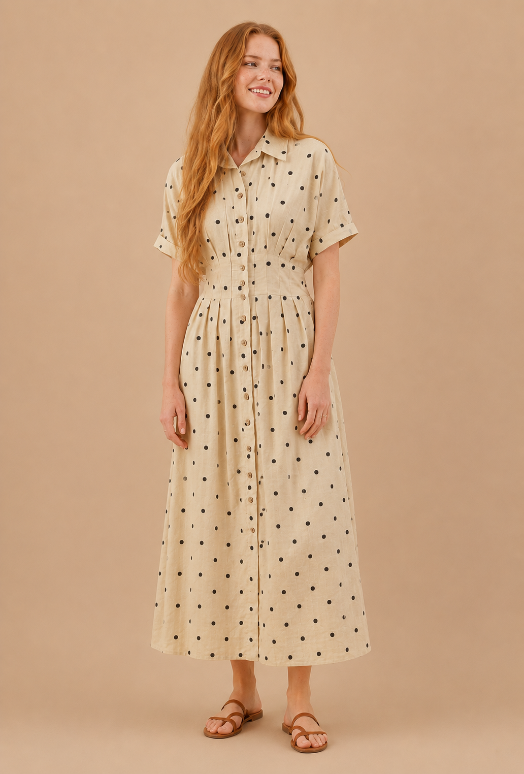 midi button front dress Elodie Polka Dot Pleated Button Front Midi Dress