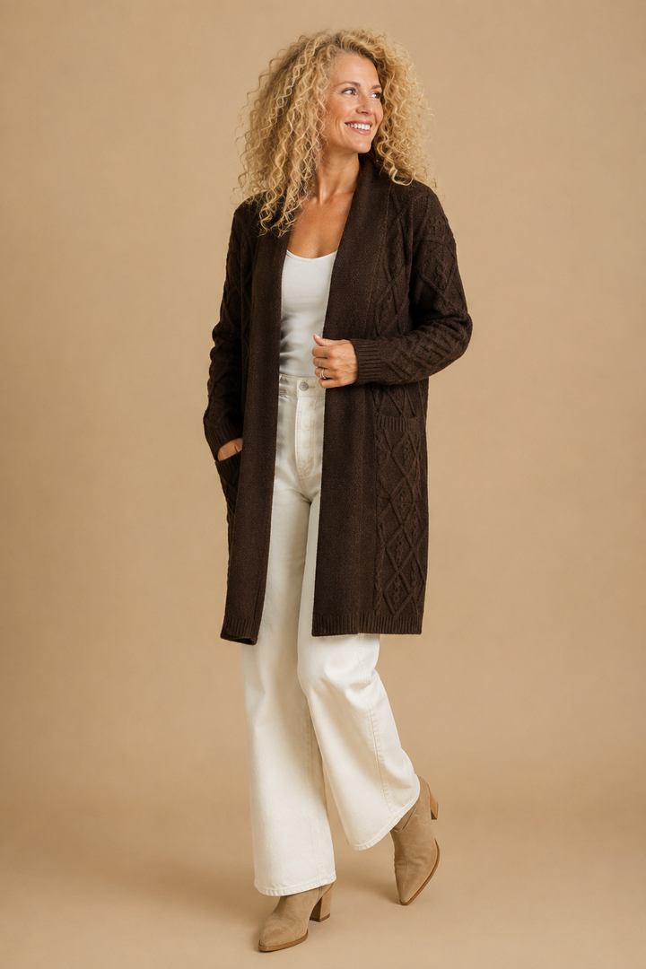 Natalia Longline Cable Knit Shawl Collar Cardigan