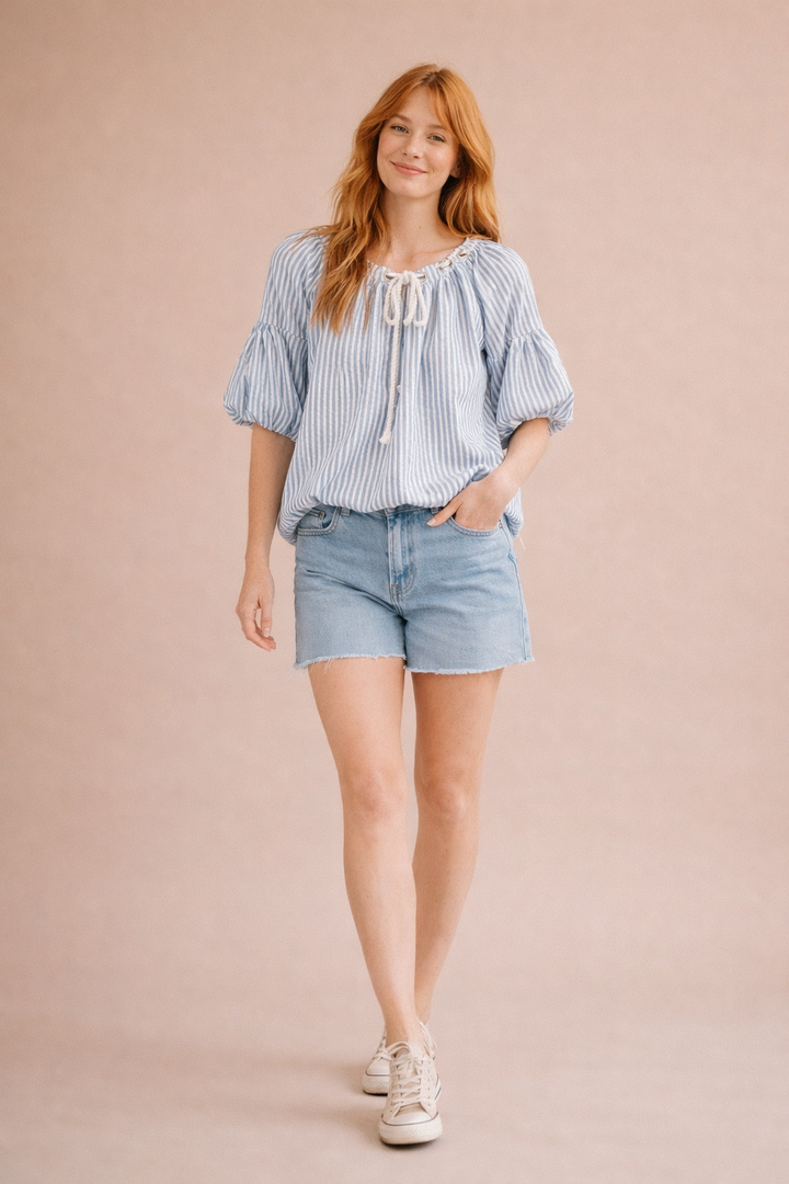 Lori Striped Bubble Top With Grommet Neckline