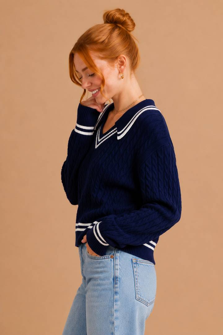 Alicia Coastal Cable Knit Collared V-Neck Sweater