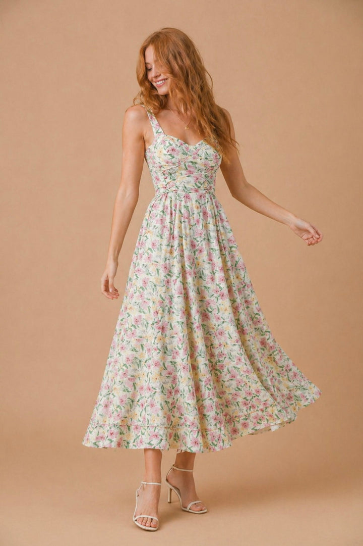 Blair Floral Print Sweetheart Neckline Bustier Bodice Midi Dress