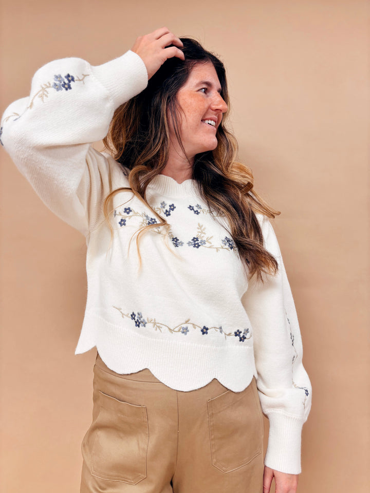 Isla Scalloped Floral Embroidered Sweater