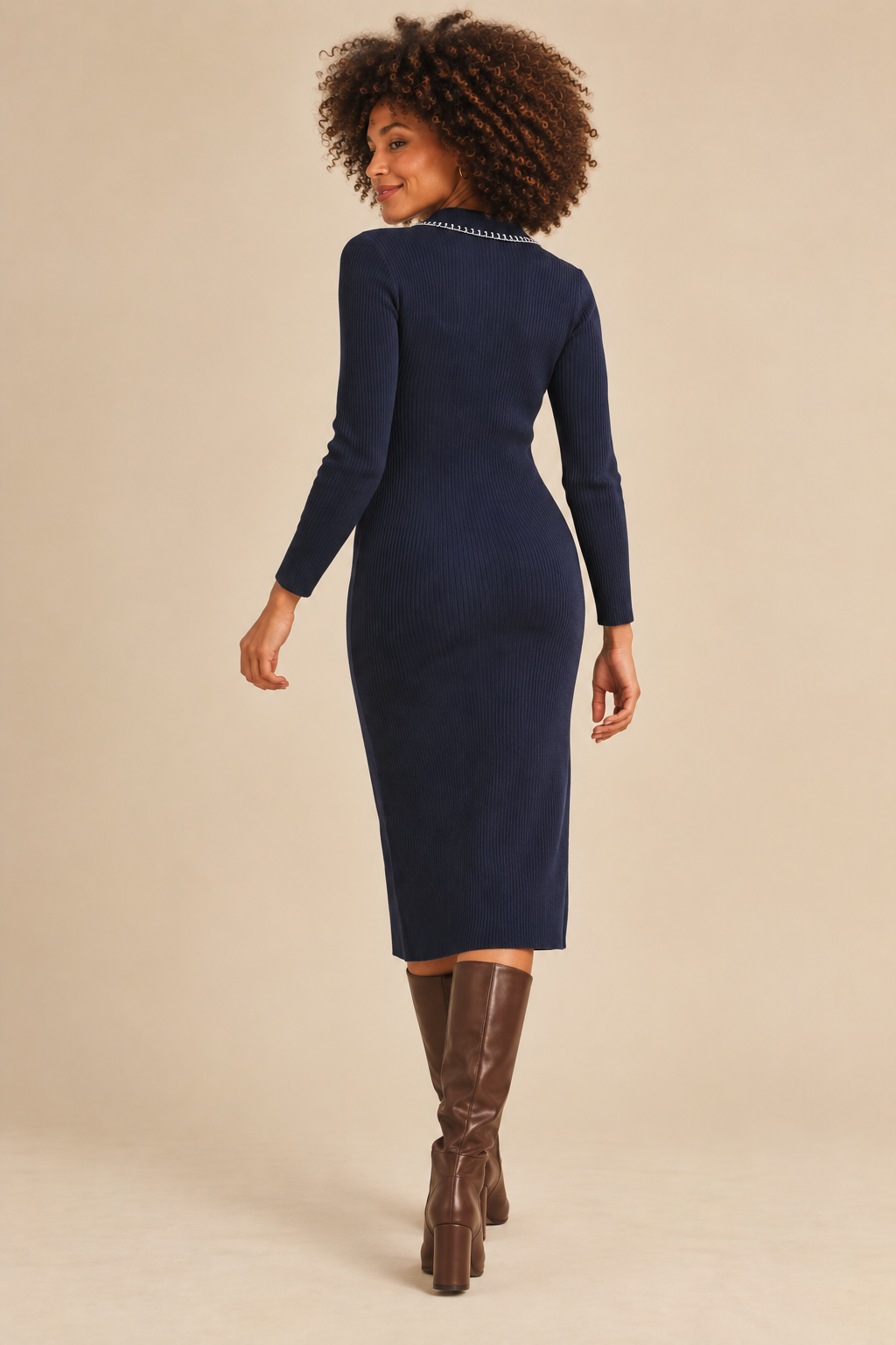 Riley Ribbed Knit Whipstitch Hem Collar Midi Sweater Dress