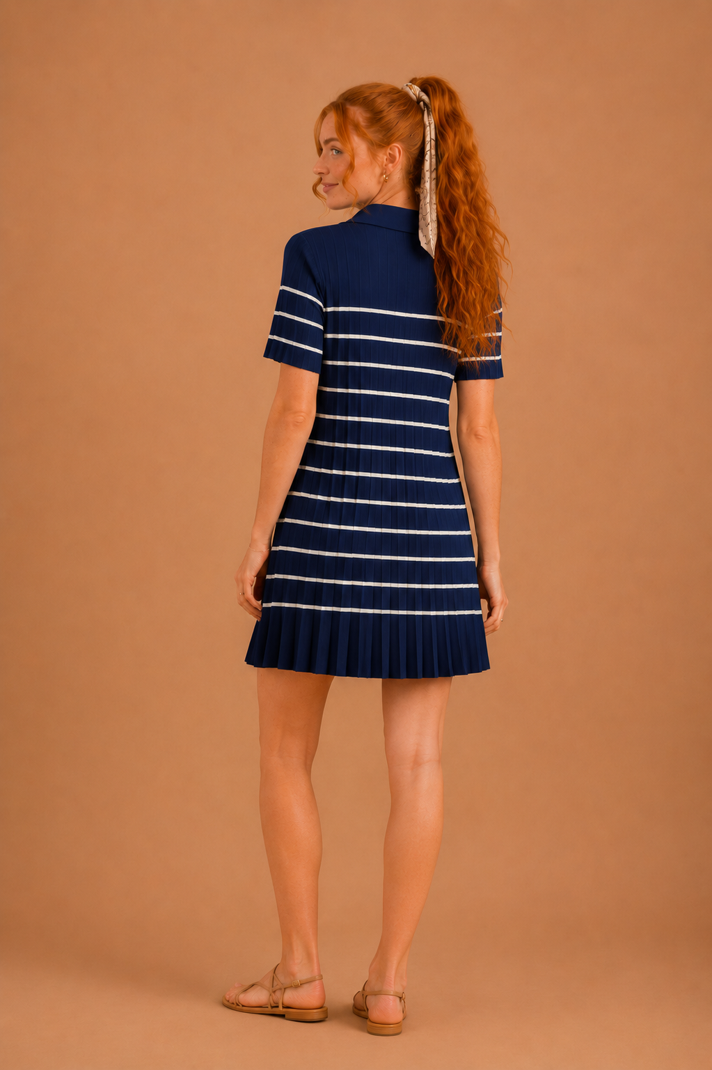 striped pleated knit dress STRIPE LONG SLEEVE SWEATER PLEATED MIDI DRESS: Black IVORY XS