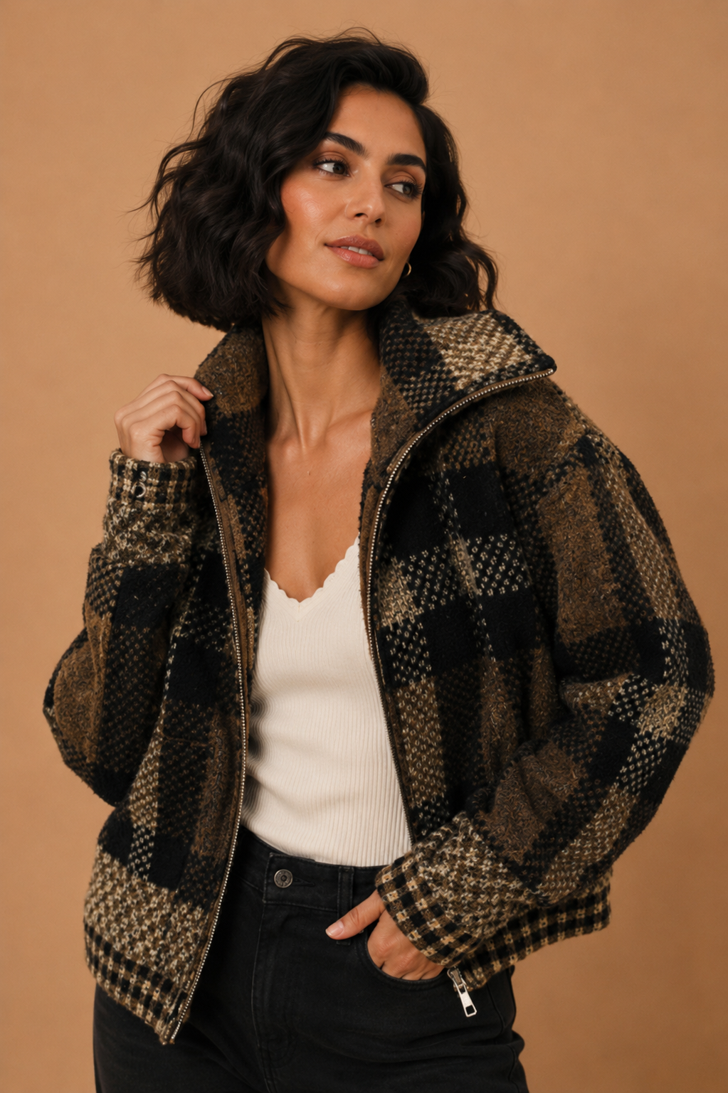 Brynn Plaid Cropped Sweater Jacket
