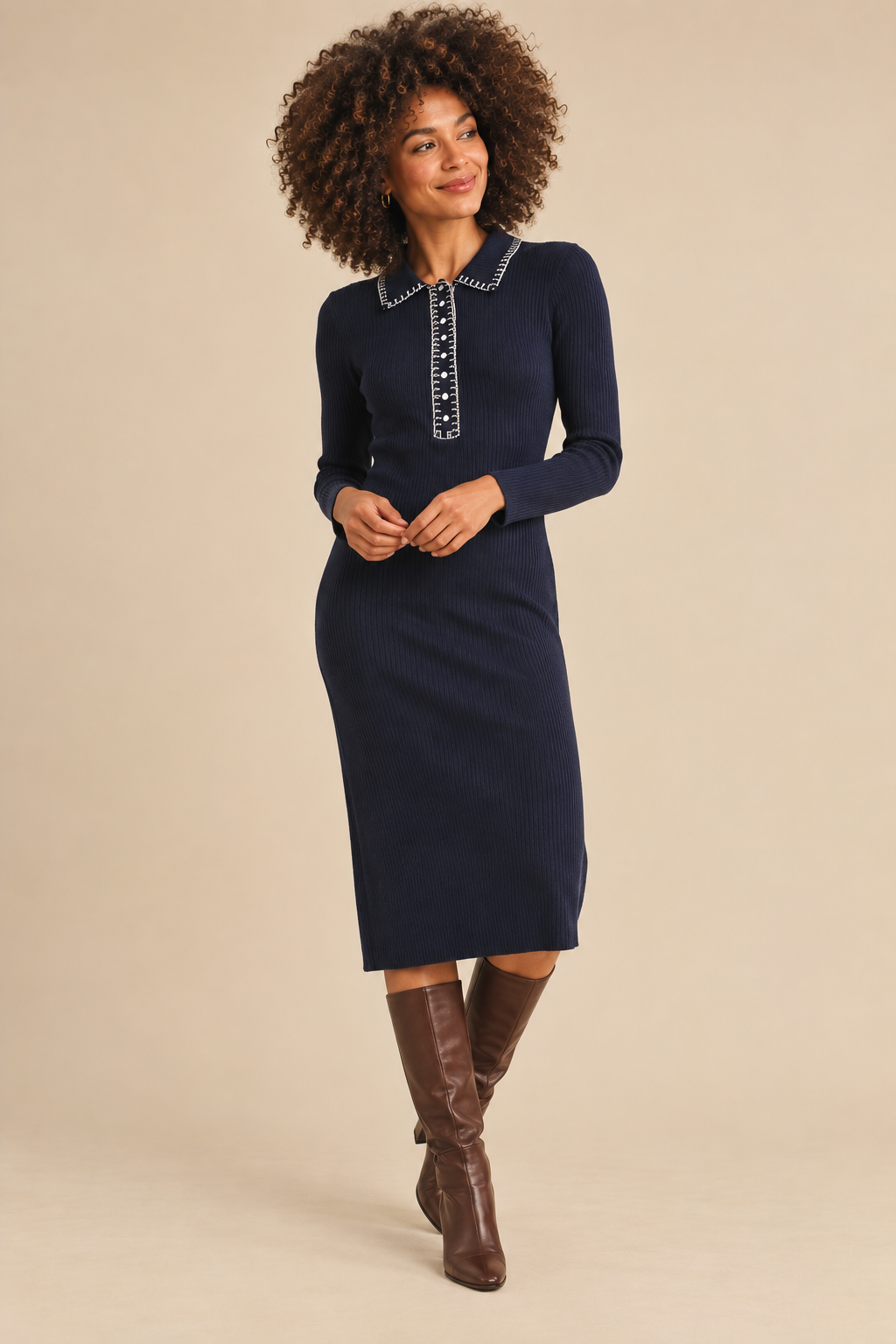 Riley Ribbed Knit Whipstitch Hem Collar Midi Sweater Dress