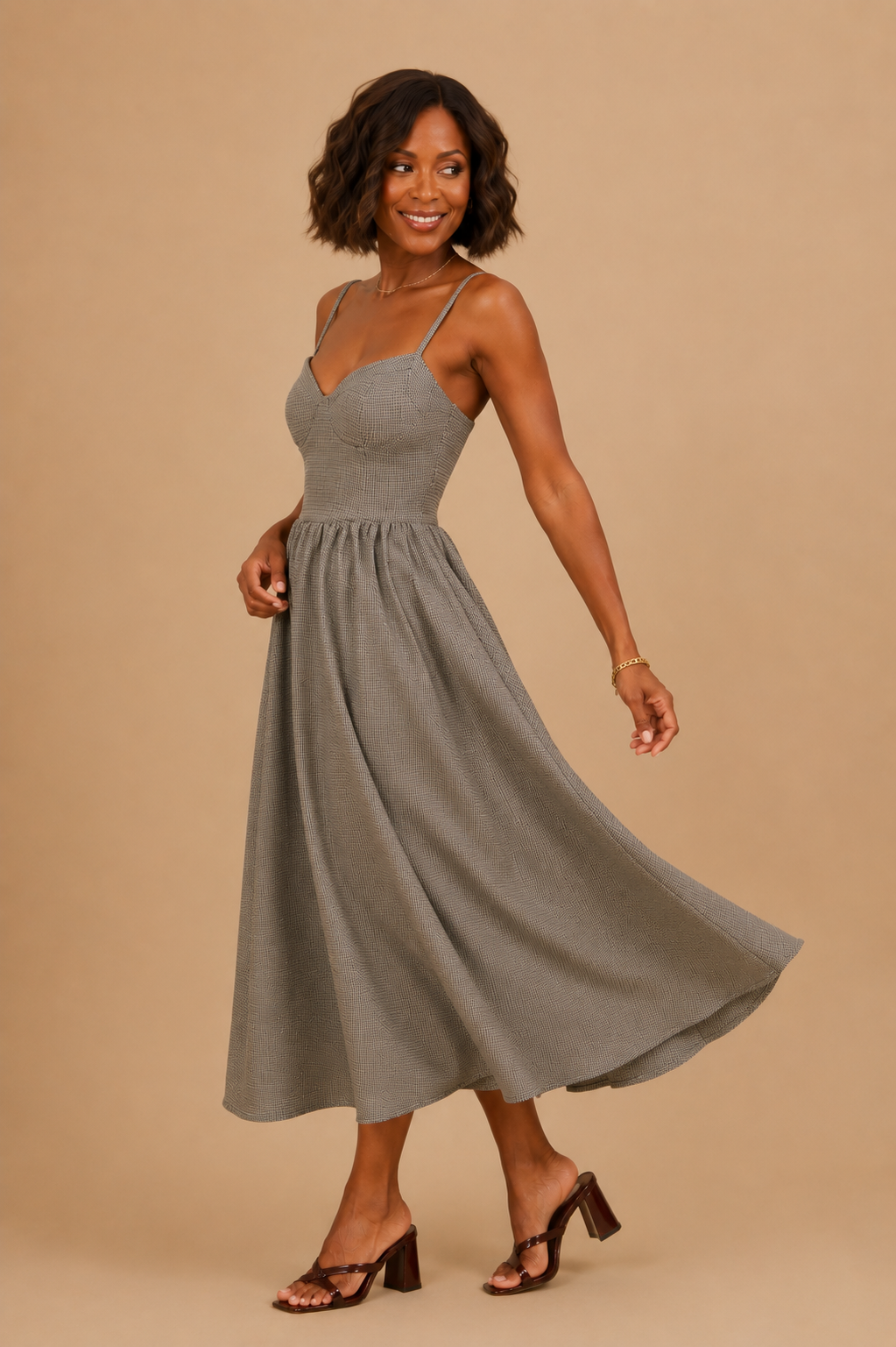 Arielle Houndstooth Plaid Midi Dress
