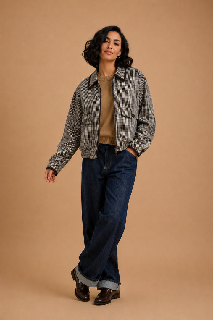 Carys Checked Bomber Jacket With Contrast Detail