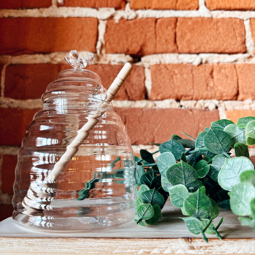 Glass Honey Jar w/ Wooden Dipper