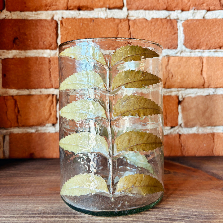 Hand-Blown Hurricane Glass With Embedded Neem Leaves