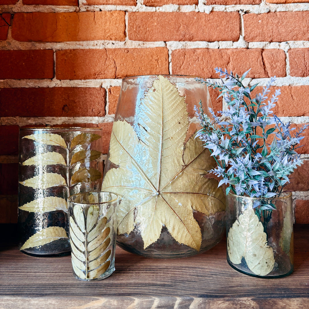 Hand-Blown Hurricane Glass With Embedded Papaya Leaves