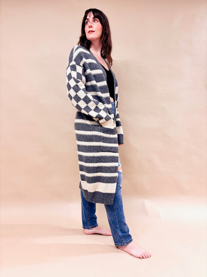 Melinda Striped And Checkered Long Cardigan