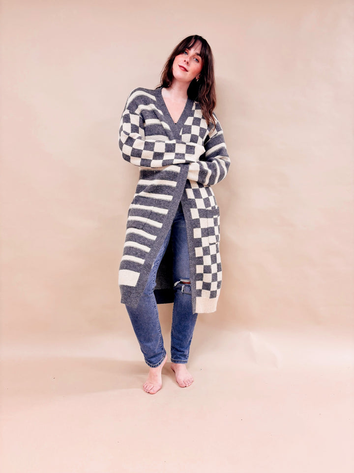 Melinda Striped And Checkered Long Cardigan