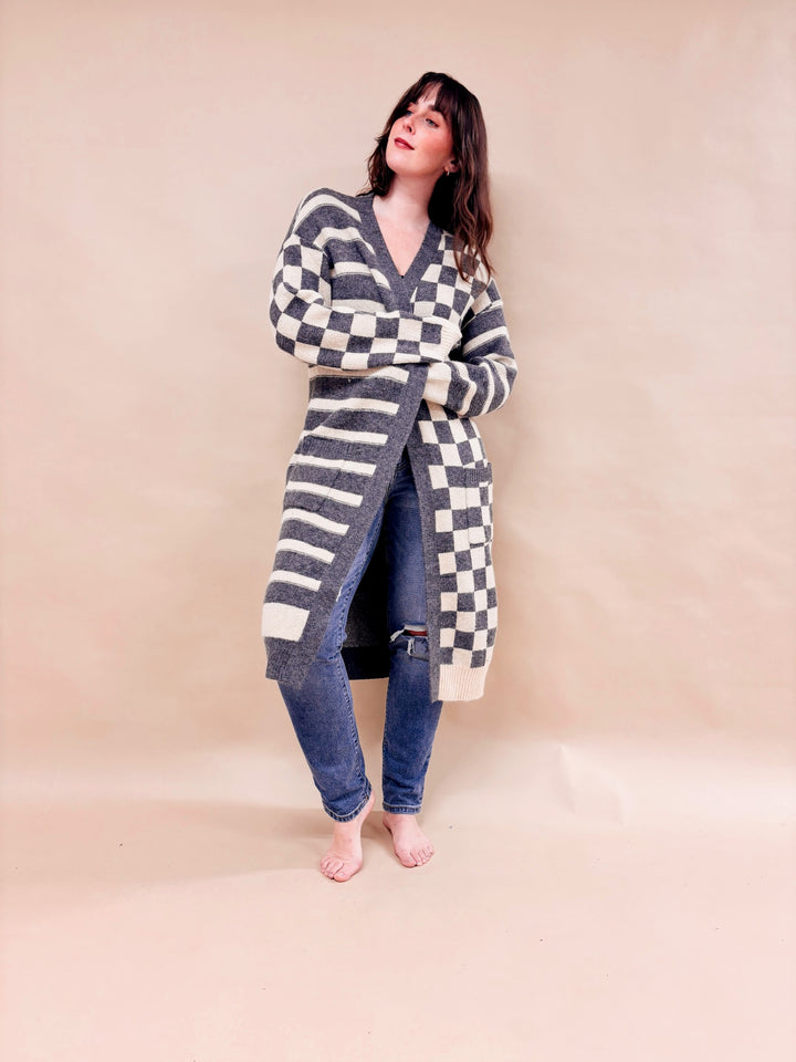 Melinda Striped And Checkered Long Cardigan